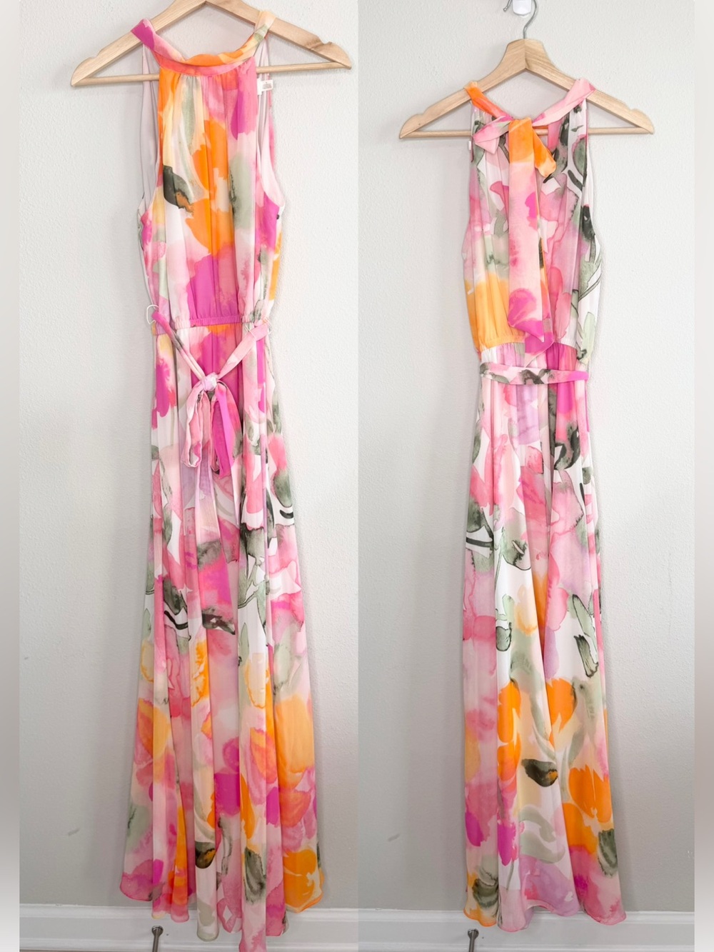 Eliza J Pink & Orange Floral Halter Maxi Dress Size 8 - Picture 2 of 5